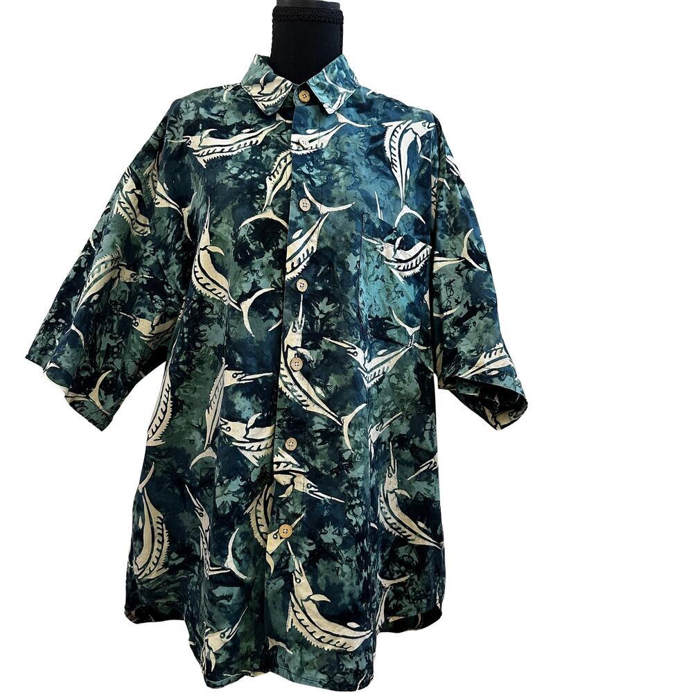 Vintage Straight Down Fish Print Hawaiian Shirt Size L